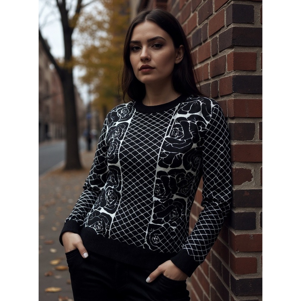 T/O Sweaters Womens Black White‎ Rose Diamond Knit Long Sleeve Sweater Top